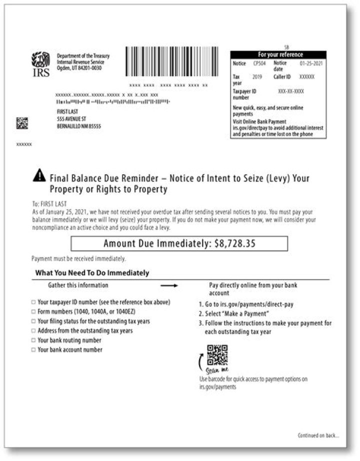 What does IRS Notice CP504 mean?