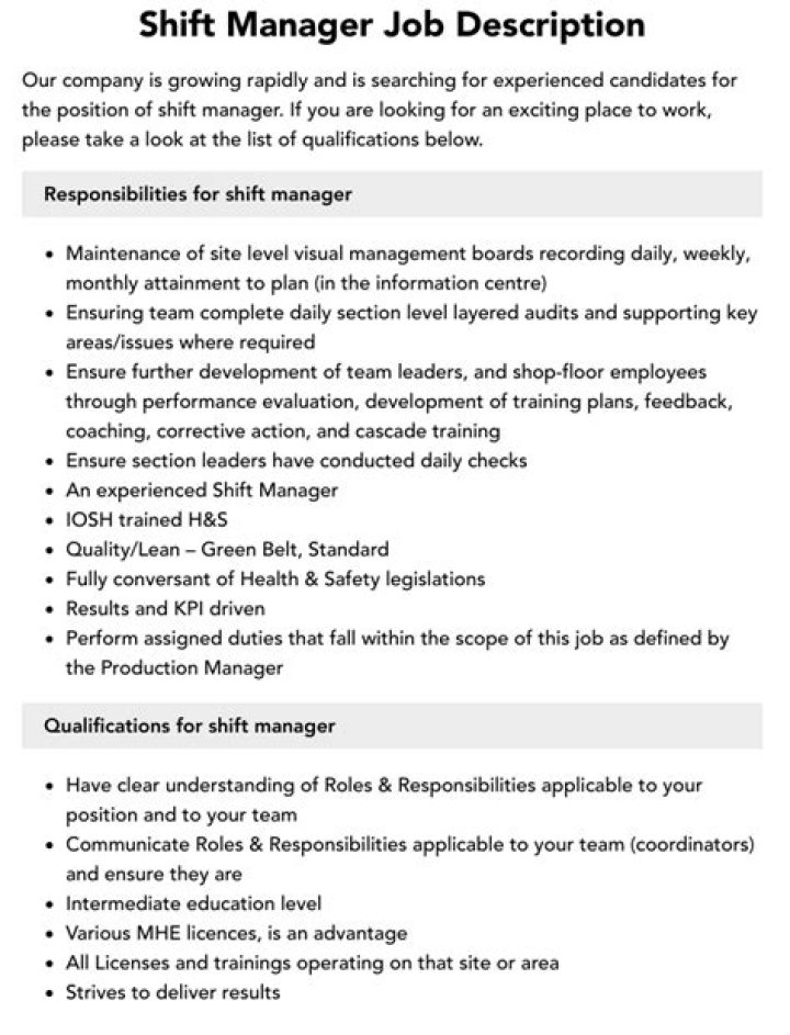 What is a shift manager responsibilities?