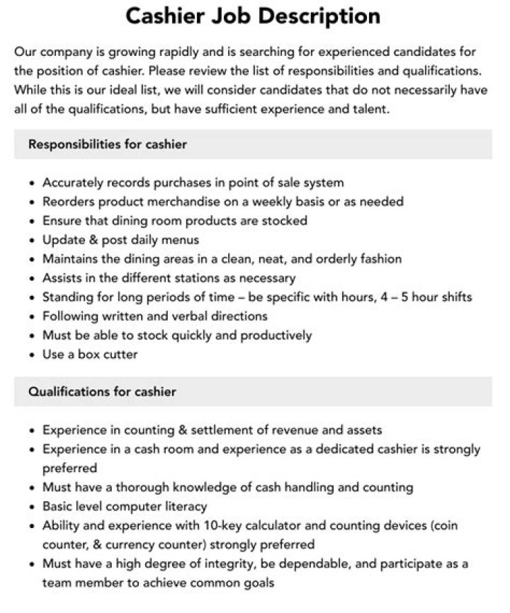 What is the job description of a cashier at a grocery store?
